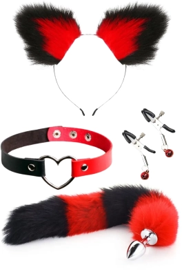 Choker Klips Tüylü Kulak Seti Kırmızı Siyah Kedi Kuyruklu Paslanmaz Çelik Anal Butt Plug