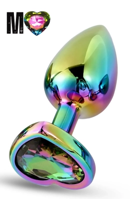 Paslanmaz Çelik Çok Renkli Kalpli Mücevher Taşlı Pürüzsüz Rainbow Metal Anal Butt Plug - Orta Boy