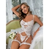 Sens Beyaz Erotik İpli Örgü Görünümlü Arkası Açık Şerit Geçişli Dantelli ve Fırfırlı Fantazi Babydoll Jartiyer Takımı