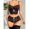 Sens Fantazi Siyah Ön ve Arka Kısımları Açık Yarı Transparan Seksi Kalp Charmlı Büstiyer Külot Takım