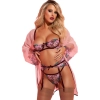Sens Fantezi Kadın İç Giyim Çiçek İşlemeli Seksi Sütyen Külot Jartiyer Takım Pembe Tül Gecelik Sabahlık - 8419