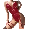 Sens Fantezi Kadın İç Giyim Göğüs Dekolteli Askılı Dantel Seksi Bodysuit ve Jartiyer Harness Takım Kırmızı - 8405