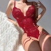 Sens Fantezi Kadın İç Giyim Göğüs Dekolteli Askılı Dantel Seksi Bodysuit ve Jartiyer Harness Takım Kırmızı - 8405