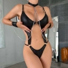 Sens Fantezi Kadın İç Giyim Zincirli Kelepçeli Deri Görünümlü İp Detaylı Seksi Bodysuit Erotik Gecelik - 9153