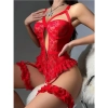 Sens Fantezi Kırmızı Dantel&Transparan Görünümlü Belden Fırfırlı Erotik Jartiyerli Şık Tasarımlı Bodysuit