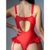 Sens Fantezi Kırmızı Dantel&Transparan Görünümlü Belden Fırfırlı Erotik Jartiyerli Şık Tasarımlı Bodysuit