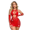 Sens Fantezi Mini Elbise Uzun Eldivenli Erotik İç Giyim Parlak Taşlı Seksi Kırmızı Vücut Çorabı - 79516