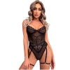 Sens Siyah Romantik Dantel Geçişli Belden Kemerli ve Tanga Görünümlü Şerit Babydoll Jartiyer Takımı