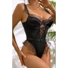 Sens Siyah Tül Fırfırlı, Seksi Deri Görünümlü Göğüs Detayı ve Şık Parlak Kumaşlı Erotik Bodysuit 