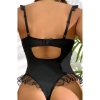 Sens Siyah Tül Fırfırlı, Seksi Deri Görünümlü Göğüs Detayı ve Şık Parlak Kumaşlı Erotik Bodysuit 