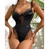 Sens Siyah Tül Fırfırlı, Seksi Deri Görünümlü Göğüs Detayı ve Şık Parlak Kumaşlı Erotik Bodysuit 